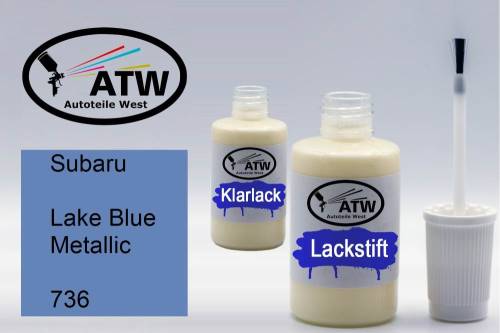 Subaru, Lake Blue Metallic, 736: 20ml Lackstift + 20ml Klarlack - Set, von ATW Autoteile West.